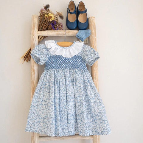 Julia handsmocked floral blue dress -PREORDER