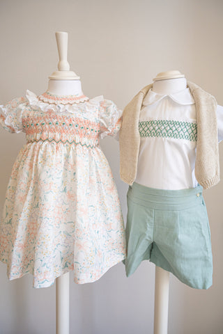 White and Green Embroidered shirt and shorts set PRE ORDER