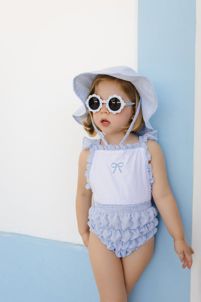 Blue Seersucker Cotton Frilled Swimsuit