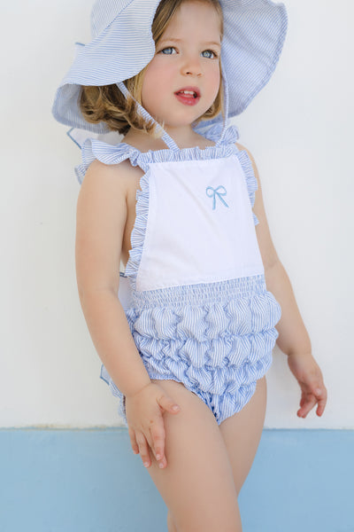 Blue Seersucker Cotton Frilled Swimsuit