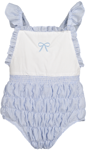 Blue Seersucker Cotton Frilled Swimsuit