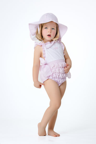 Pink Seersucker Cotton Frilled Swimsuit