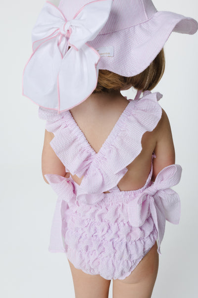 Pink Seersucker Cotton Frilled Swimsuit