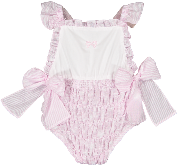 Pink Seersucker Cotton Frilled Swimsuit