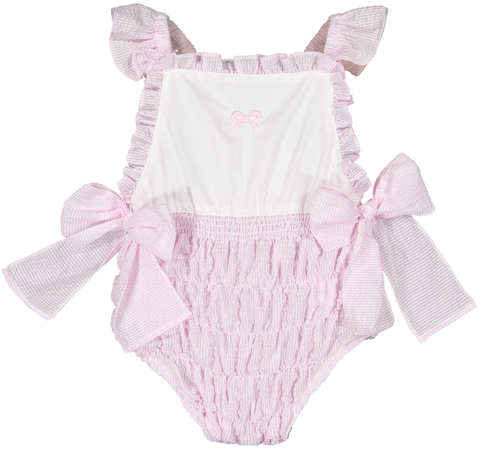 Pink Seersucker Cotton Frilled Swimsuit