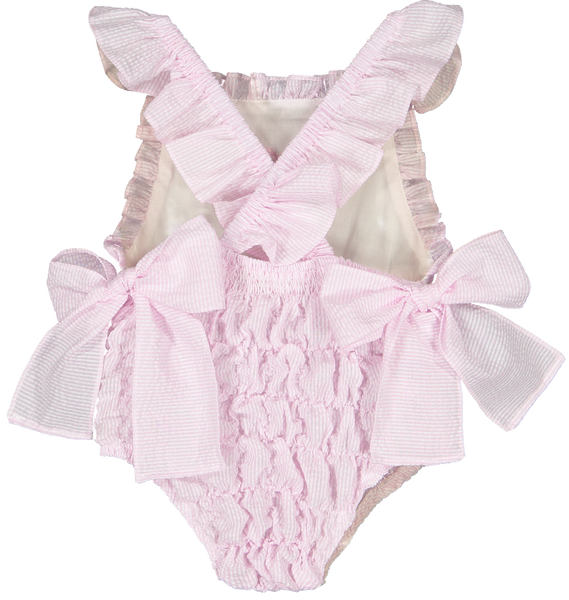 Pink Seersucker Cotton Frilled Swimsuit