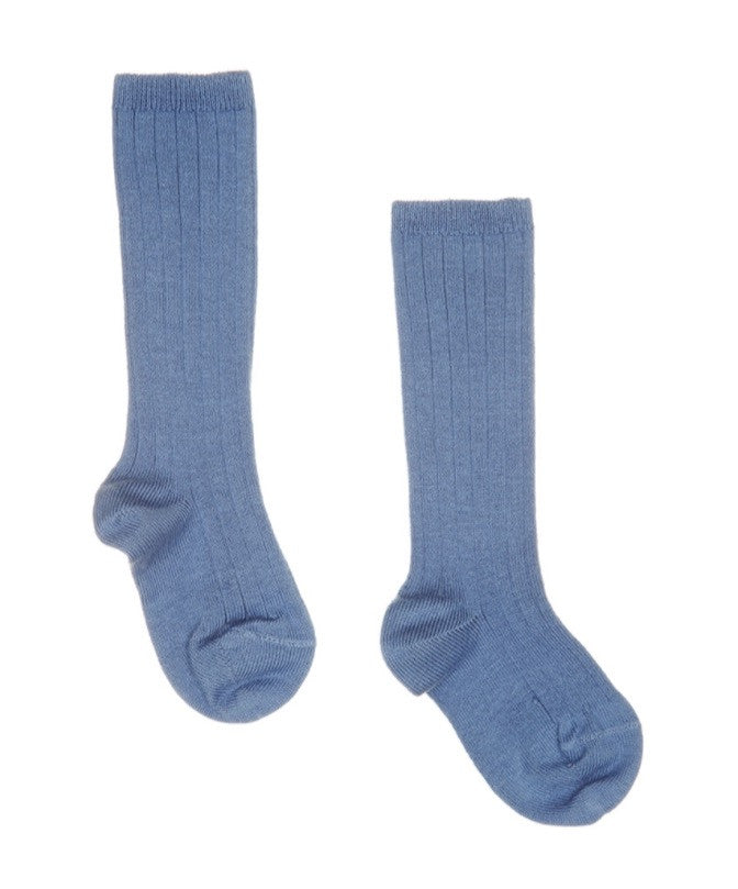 French Blue ribbed knit high knee socks