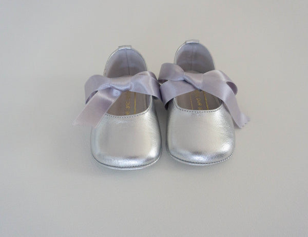 Silver Mary Jane Pram shoes with grey ribbons