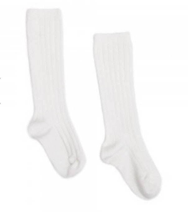 White ribbed knit high knee socks